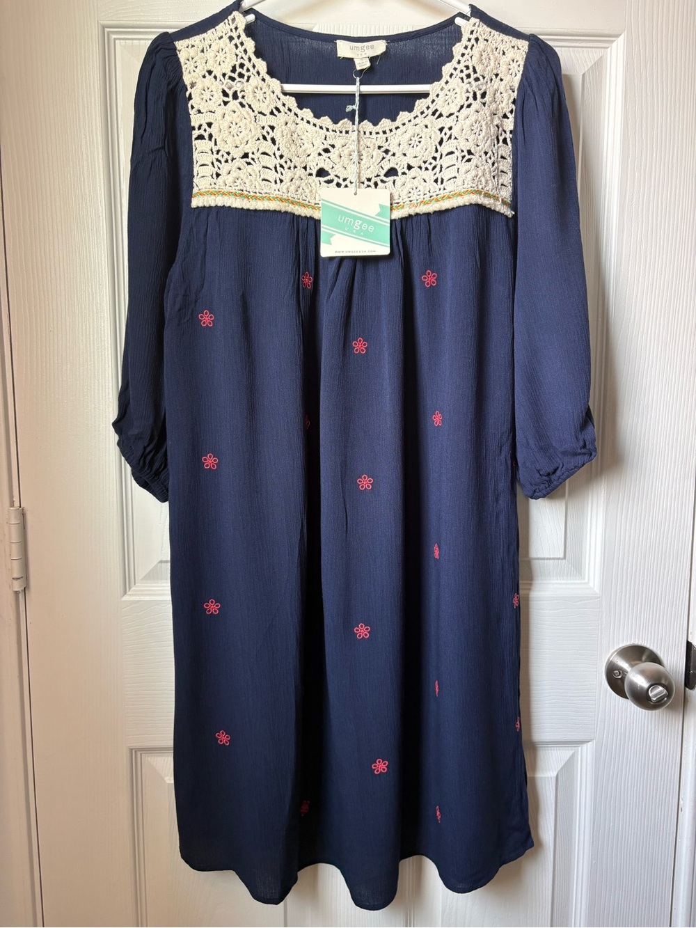 Umgee Boho Cotton Blend Crochet Yoke Dress with Embroidery